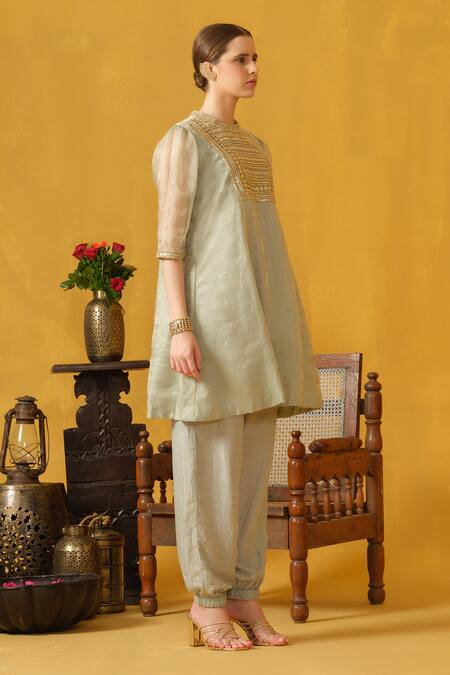 Shop_Abstract By Megha Jain Madaan_Green Cotton, Silk, Organza Pearls, Sequins, Embellished Kurta With Jogger Pant _Online_at_Aza_Fashions