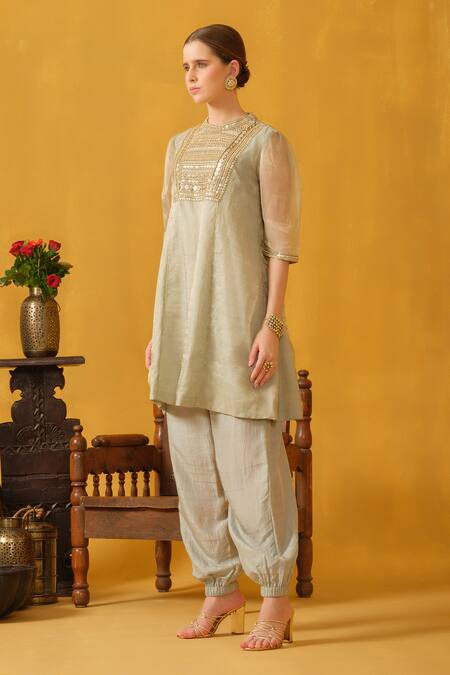 Abstract By Megha Jain Madaan_Green Cotton, Silk, Organza Pearls, Sequins, Embellished Kurta With Jogger Pant _at_Aza_Fashions