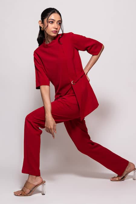 Veera Wear Red Armani Solid Closed High Neck Asymmetric Panel Belted Top With Pant 