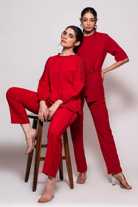 Shop Veera Wear Red Crepe, Cotton High Neck Solid Asymmetric Panel Belted Top With Pant at Aza Fashions Shop_Veera Wear_Red Crepe, Cotton High Neck Solid Asymmetric Panel Belted Top With Pant _at_Aza_Fashions