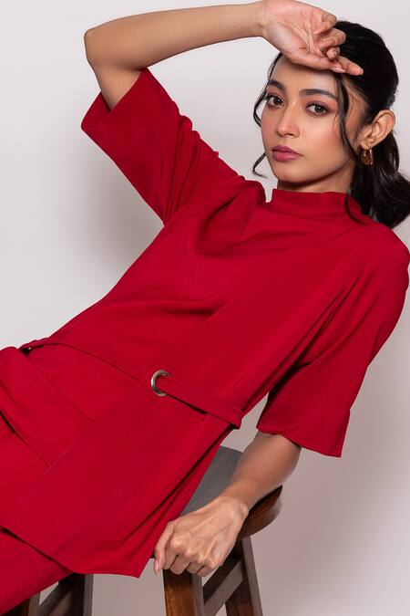 Veera Wear Red Crepe, Cotton High Neck Solid Asymmetric Panel Belted Top With Pant Online at Aza Fashions Veera Wear_Red Crepe, Cotton High Neck Solid Asymmetric Panel Belted Top With Pant _Online_at_Aza_Fashions