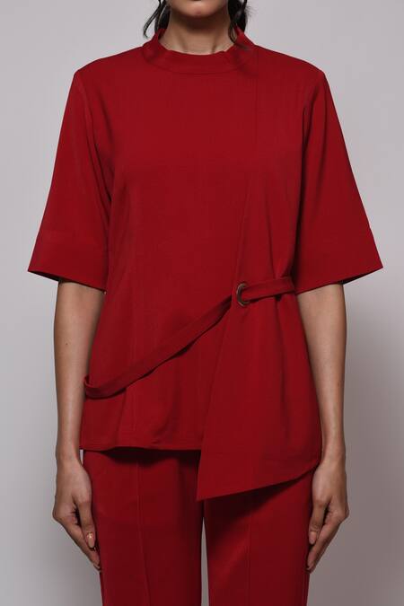 Buy_Veera Wear_Red Crepe, Cotton High Neck Solid Asymmetric Panel Belted Top With Pant _Online_at_Aza_Fashions