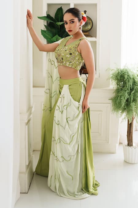 Shop_House Of Anmol Jain_Green Satin Sequins, Embroidery V-neck Indrani Draped Skirt With Blouse _Online_at_Aza_Fashions