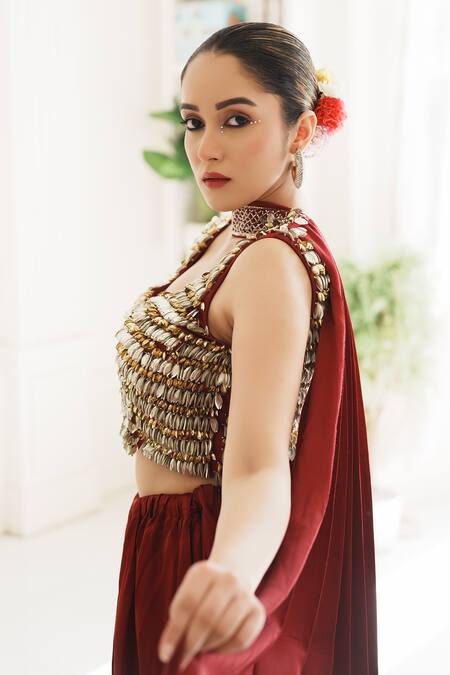 Shop_House Of Anmol Jain_Red Satin Sequins, Embroidery Asymmetric Raspberry Pre-draped Saree With Blouse _Online_at_Aza_Fashions