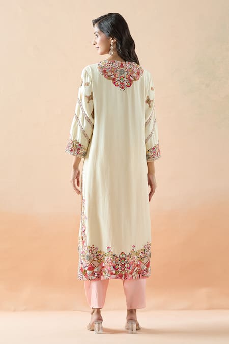 Shop Debyani + CO Ivory Cotton Embroidery, Zari, Sequins Round Neck Floral Kurta Dhoti Pant Set at Aza Fashions Shop_Debyani + CO_Ivory Cotton Embroidery, Zari, Sequins Round Neck Floral Kurta Dhoti Pant Set _at_Aza_Fashions