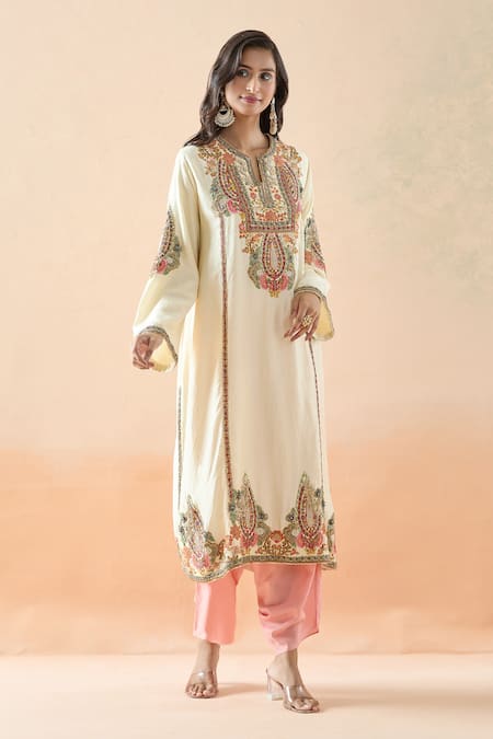 Debyani + Co Ivory Silk Embroidery Resham Notched Floral Kurta And Dhoti Pant Set 