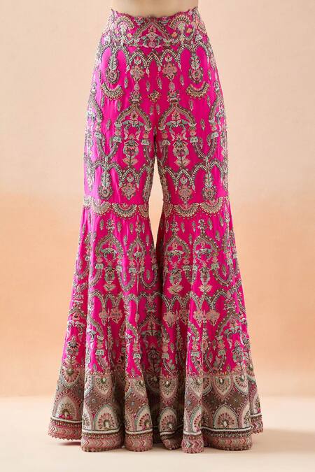 Anamika Khanna_Pink Cotton Embroidery Split V-neck Floral Peplum Jacket And Sharara Set_at_Aza_Fashions