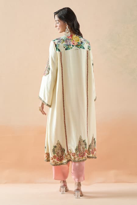 Shop Debyani + CO Ivory Silk Cut Work, Embroidery Split V-neck Floral Kurta And Dhoti Pant Set at Aza Fashions Shop_Debyani + CO_Ivory Silk Cut Work, Embroidery Split V-neck Floral Kurta And Dhoti Pant Set _at_Aza_Fashions