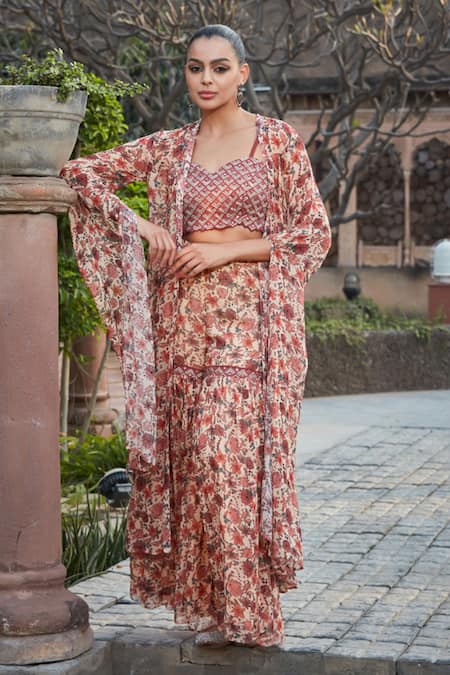 Bohame Peach Georgette Hand Embroidered Floral Zuri Print Cape With Sharara Set 