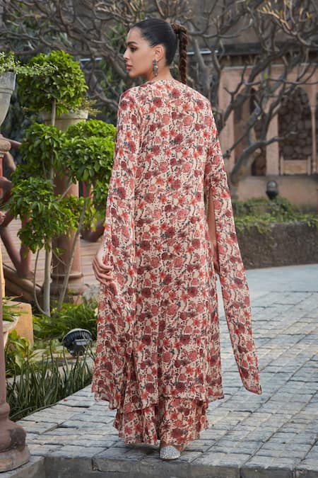 Bohame Zuri Floral Print Cape With Sharara Set 