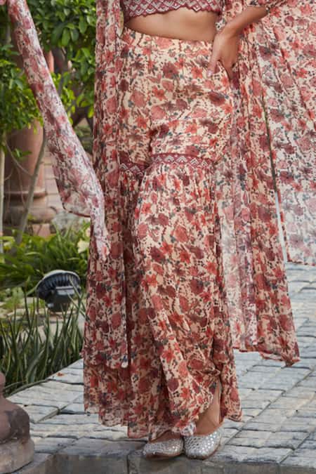 Bohame Peach Georgette Embroidery, Beads, Zuri Floral Print Cape With Sharara Set Online at Aza Fashions Bohame_Peach Georgette Embroidery, Beads, Zuri Floral Print Cape With Sharara Set _Online_at_Aza_Fashions