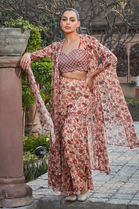Buy Bohame Peach Georgette Embroidery, Beads, Zuri Floral Print Cape With Sharara Set Online at Aza Fashions Buy_Bohame_Peach Georgette Embroidery, Beads, Zuri Floral Print Cape With Sharara Set _Online_at_Aza_Fashions