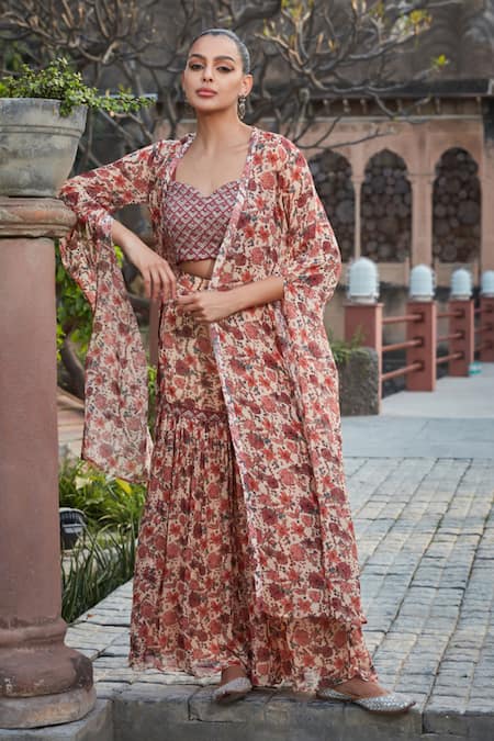 Shop Bohame Peach Georgette Embroidery, Beads, Zuri Floral Print Cape With Sharara Set Online at Aza Fashions Shop_Bohame_Peach Georgette Embroidery, Beads, Zuri Floral Print Cape With Sharara Set _Online_at_Aza_Fashions