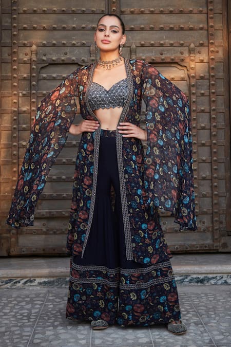 Bohame Blue Georgette Hand Embroidered Floral Aaliyah Print Cape With Sharara Set 