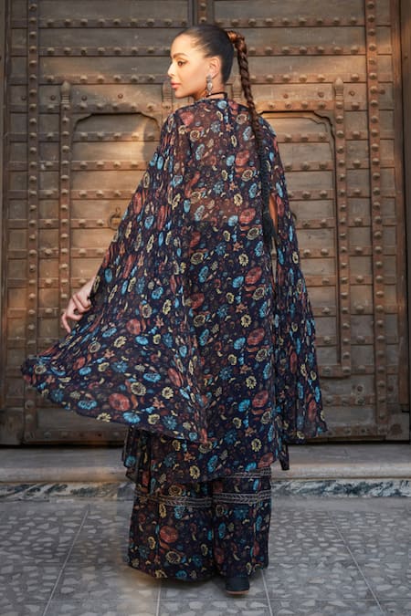 Bohame Aaliyah Floral Print Cape With Sharara Set 