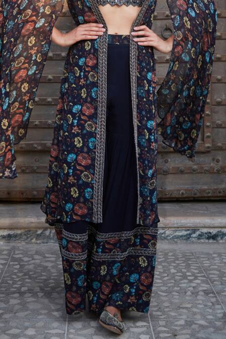 Bohame_Blue Georgette Embroidery, Beads, Aaliyah Floral Print Cape With Sharara Set _Online_at_Aza_Fashions
