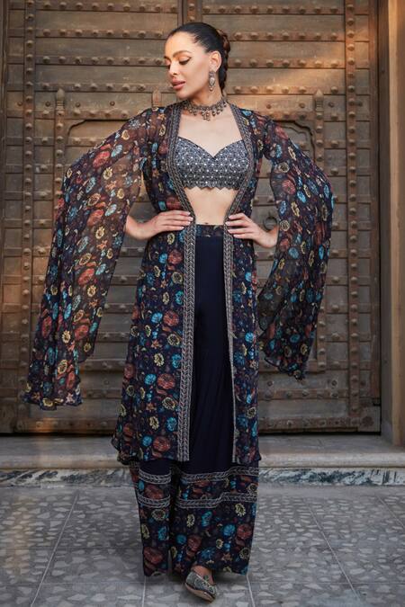 Buy_Bohame_Blue Georgette Embroidery, Beads, Aaliyah Floral Print Cape With Sharara Set _Online_at_Aza_Fashions