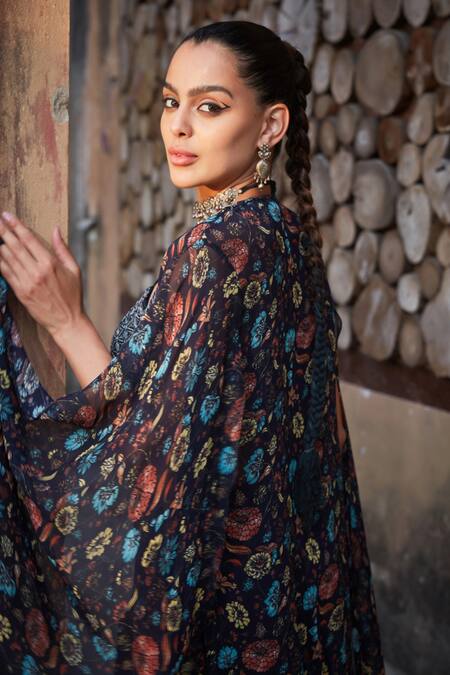 Shop_Bohame_Blue Georgette Embroidery, Beads, Aaliyah Floral Print Cape With Sharara Set _Online_at_Aza_Fashions