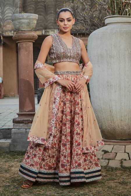 Bohame_Peach Georgette Embroidery, Mirrors, Beads Aisha Floral Print Lehenga Set _Online_at_Aza_Fashions