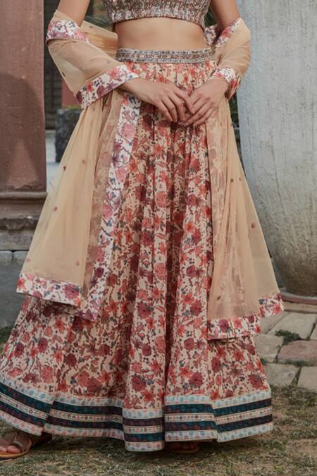 Buy_Bohame_Peach Georgette Embroidery, Mirrors, Beads Aisha Floral Print Lehenga Set _Online_at_Aza_Fashions