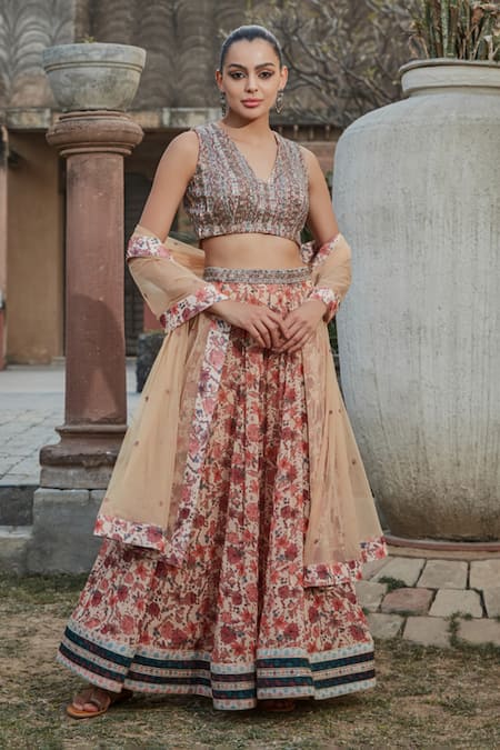 Shop_Bohame_Peach Georgette Embroidery, Mirrors, Beads Aisha Floral Print Lehenga Set _Online_at_Aza_Fashions