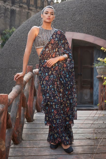 Bohame Amari Floral Print Pre-draped Saree Set 