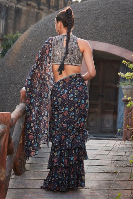 Bohame Amari Floral Print Pre-draped Saree Set 