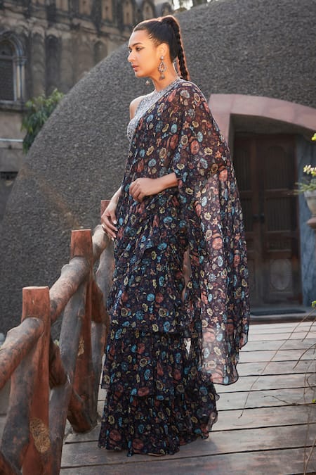 Bohame_Blue Georgette Embroidery, Mirrors, Amari Floral Print Pre-draped Saree Set _Online_at_Aza_Fashions