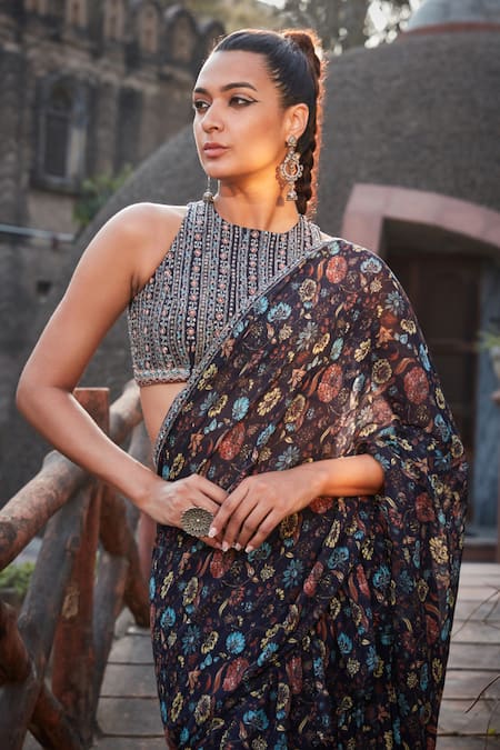 Buy_Bohame_Blue Georgette Embroidery, Mirrors, Amari Floral Print Pre-draped Saree Set _Online_at_Aza_Fashions