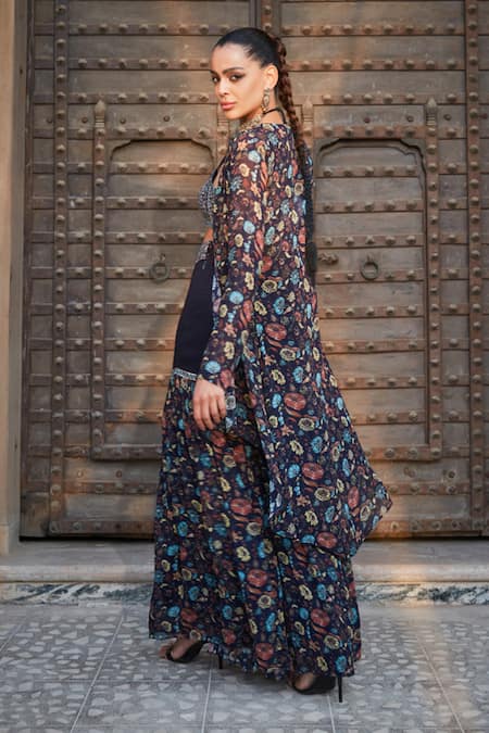 Bohame Audre Floral Print Cape With Sharara Set 
