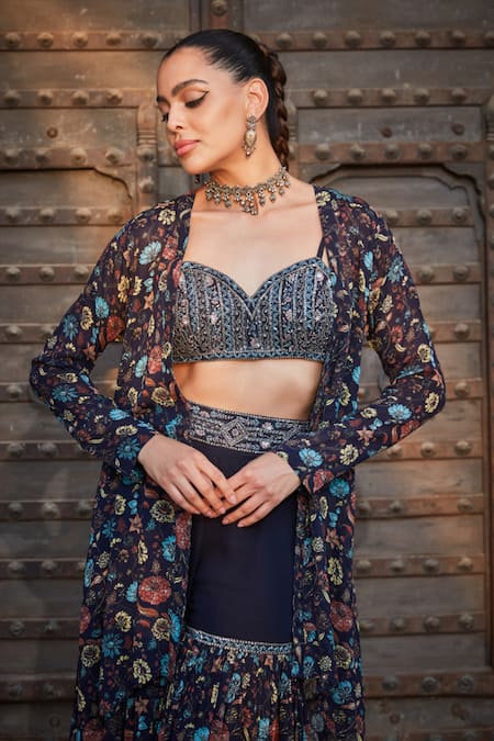 Buy_Bohame_Blue Georgette Beads, Mirrors, Audre Floral Print Cape With Sharara Set _Online_at_Aza_Fashions