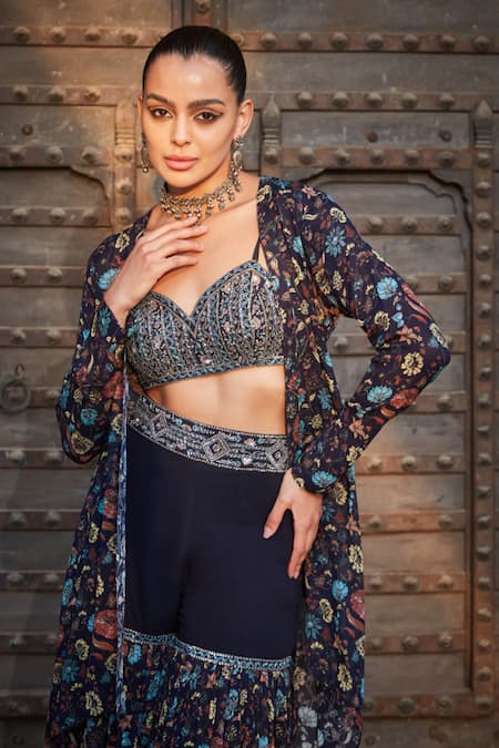 Shop_Bohame_Blue Georgette Beads, Mirrors, Audre Floral Print Cape With Sharara Set _Online_at_Aza_Fashions