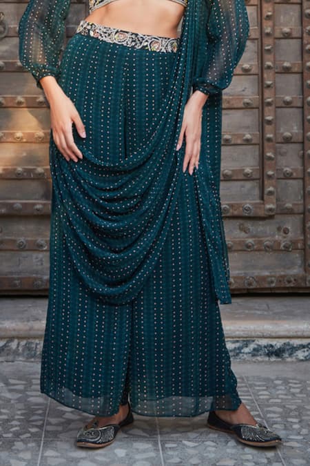 Bohame_Green Georgette Sequins, Beads Plunge Jenina Geometric Print Sharara Saree Set _Online_at_Aza_Fashions