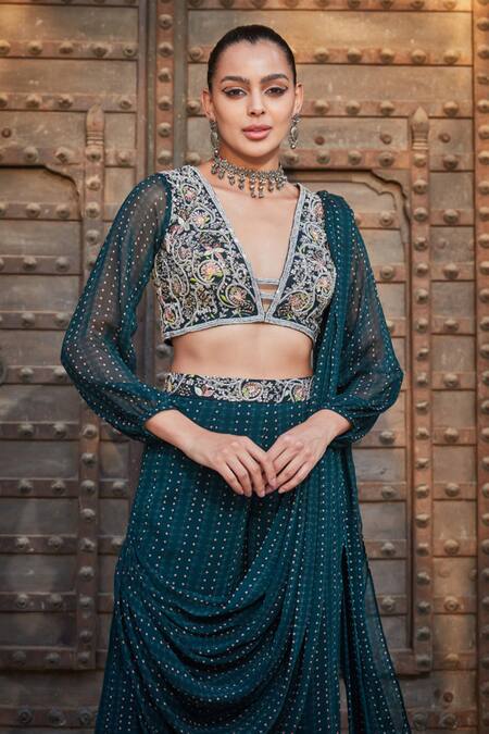 Buy_Bohame_Green Georgette Sequins, Beads Plunge Jenina Geometric Print Sharara Saree Set _Online_at_Aza_Fashions
