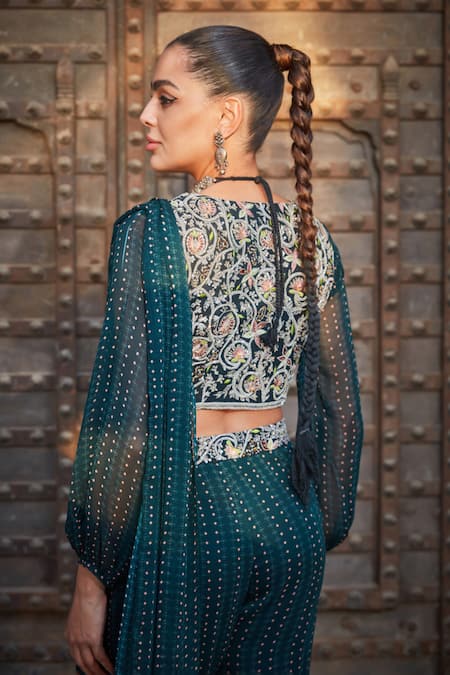 Shop_Bohame_Green Georgette Sequins, Beads Plunge Jenina Geometric Print Sharara Saree Set _Online_at_Aza_Fashions