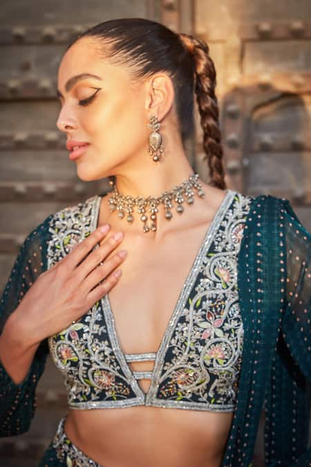 Bohame_Green Georgette Sequins, Beads Plunge Jenina Geometric Print Sharara Saree Set _at_Aza_Fashions