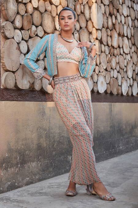 Buy Bohame Peach Georgette Sequins, Beads, Embroidery Kessie Jacket With Draped Skirt Set Online at Aza Fashions Buy_Bohame_Peach Georgette Sequins, Beads, Embroidery Kessie Jacket With Draped Skirt Set _Online_at_Aza_Fashions