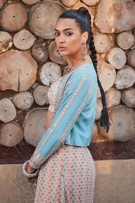 Bohame Peach Georgette Sequins, Beads, Embroidery Kessie Jacket With Draped Skirt Set at Aza Fashions Bohame_Peach Georgette Sequins, Beads, Embroidery Kessie Jacket With Draped Skirt Set _at_Aza_Fashions