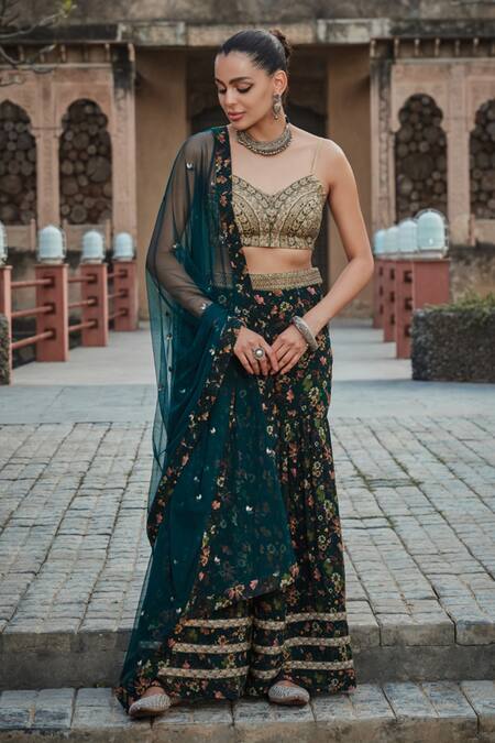 Buy Bohame Green Georgette Sequins, Beads, Rehema Floral Printed Sharara Bustier Set Online at Aza Fashions Buy_Bohame_Green Georgette Sequins, Beads, Rehema Floral Printed Sharara Bustier Set _Online_at_Aza_Fashions