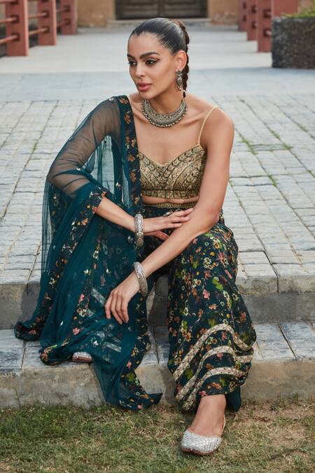 Shop Bohame Green Georgette Sequins, Beads, Rehema Floral Printed Sharara Bustier Set Online at Aza Fashions Shop_Bohame_Green Georgette Sequins, Beads, Rehema Floral Printed Sharara Bustier Set _Online_at_Aza_Fashions