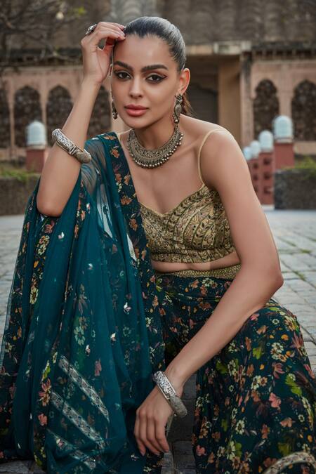 Bohame Green Georgette Sequins, Beads, Rehema Floral Printed Sharara Bustier Set at Aza Fashions Bohame_Green Georgette Sequins, Beads, Rehema Floral Printed Sharara Bustier Set _at_Aza_Fashions