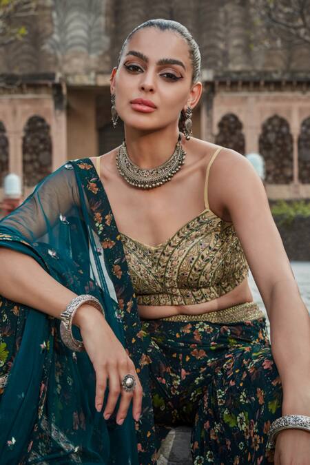 Buy Bohame Green Georgette Sequins, Beads, Rehema Floral Printed Sharara Bustier Set Buy_Bohame_Green Georgette Sequins, Beads, Rehema Floral Printed Sharara Bustier Set