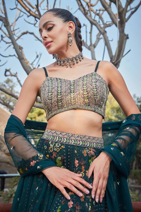 Shop_Bohame_Green Georgette Embroidery Sweetheart Neck Floral Geometric Print Lehenga Set _Online_at_Aza_Fashions