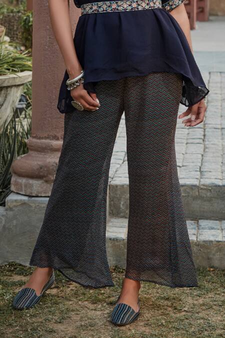 Bohame_Blue Georgette Embroidery V-neck Zara Printed Kaftan Set _Online_at_Aza_Fashions