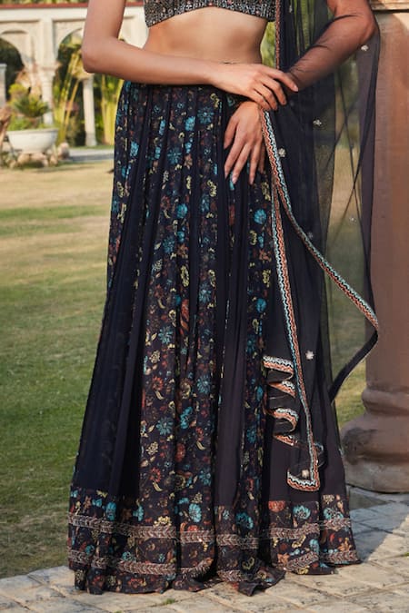 Bohame_Blue Georgette Embroidery Sweetheart Neck Aniyah Flower Print Lehenga Set _Online_at_Aza_Fashions