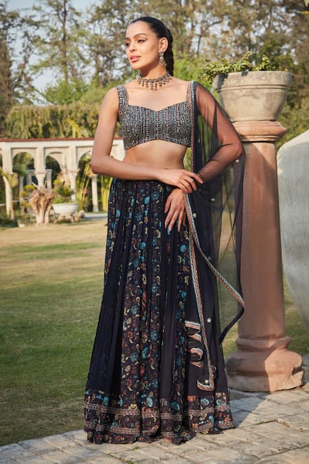 Buy_Bohame_Blue Georgette Embroidery Sweetheart Neck Aniyah Flower Print Lehenga Set _Online_at_Aza_Fashions