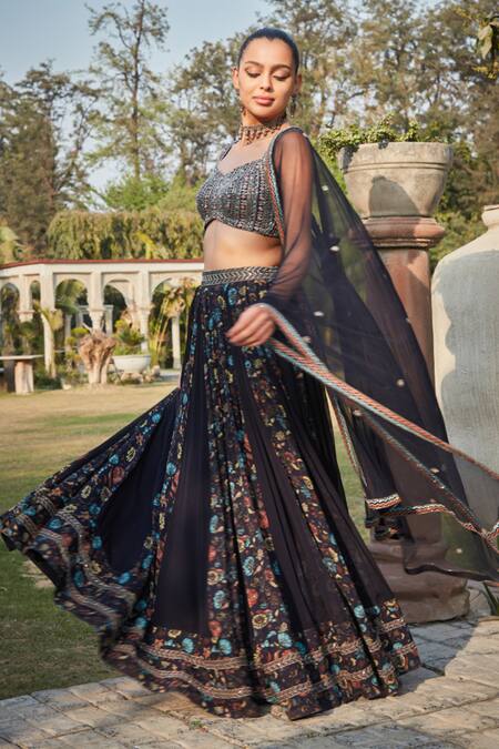 Shop_Bohame_Blue Georgette Embroidery Sweetheart Neck Aniyah Flower Print Lehenga Set _Online_at_Aza_Fashions