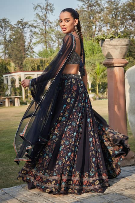 Bohame_Blue Georgette Embroidery Sweetheart Neck Aniyah Flower Print Lehenga Set _at_Aza_Fashions