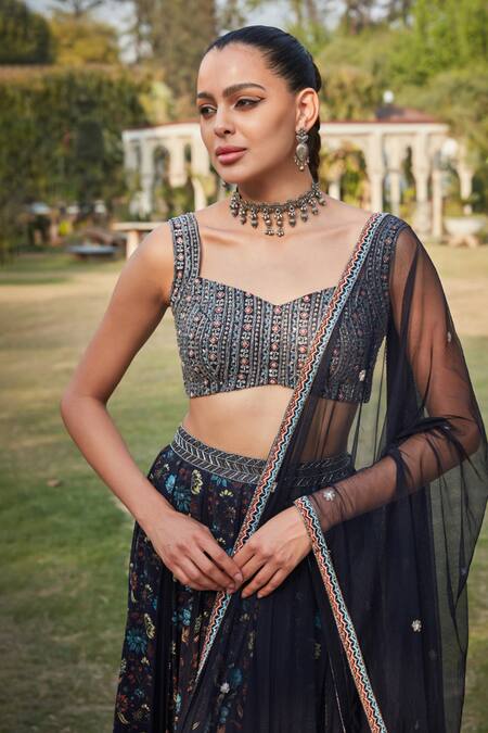 Buy_Bohame_Blue Georgette Embroidery Sweetheart Neck Aniyah Flower Print Lehenga Set 