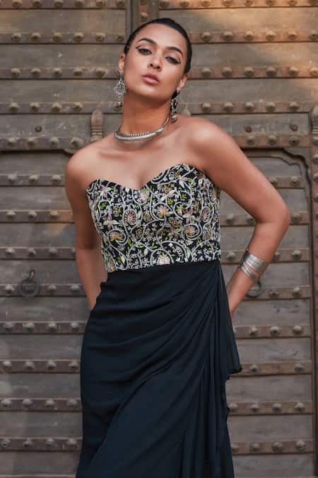 Bohame_Green Georgette Embroidery Sweetheart Neck Nia Draped Gown _Online_at_Aza_Fashions